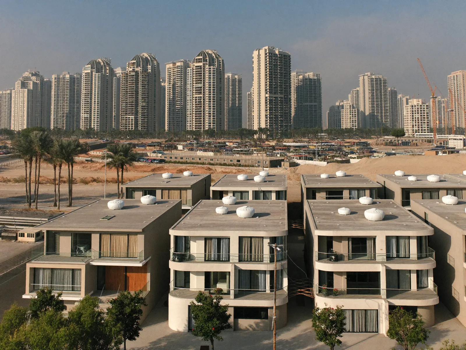 Townhouses and mid-rise buildings in Jumeirah Village Circle with water tanks on the roofs