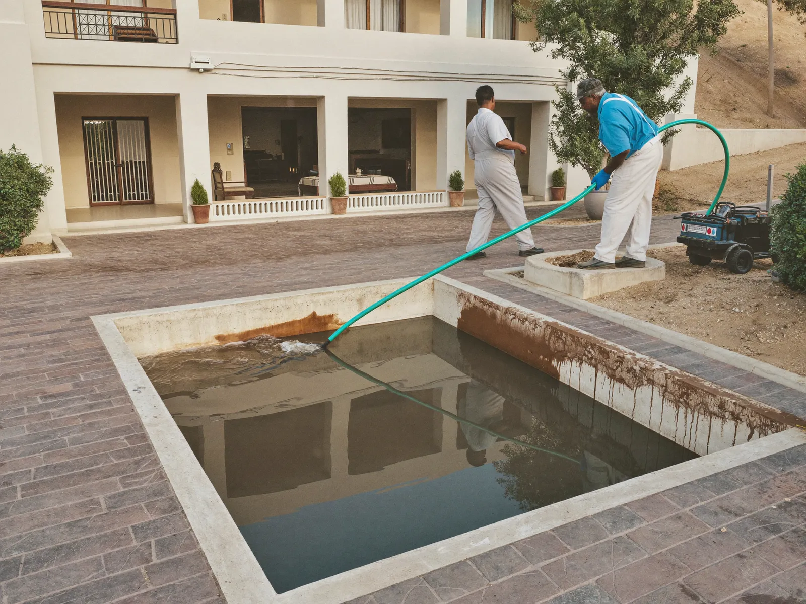 Cleaning team pumping sludge out of an opened underground water tank hatch beside a villa