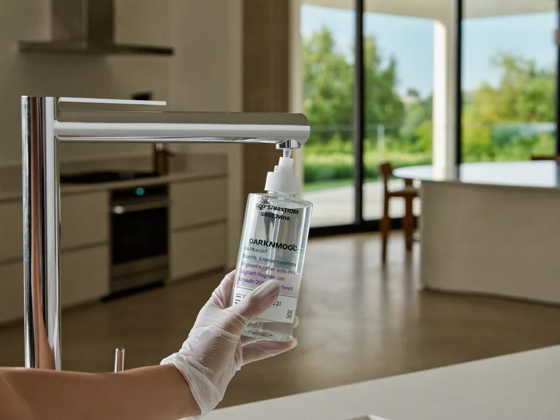 Sterile sample bottles being filled from a kitchen tap for a water quality lab test